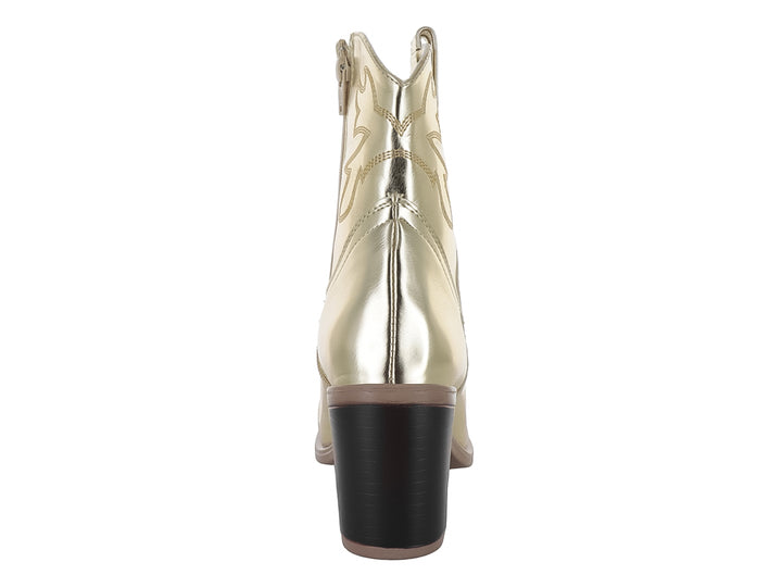 Bota vaquera para mujer en color dorado metálico con tacón grueso y detalles ornamentales.