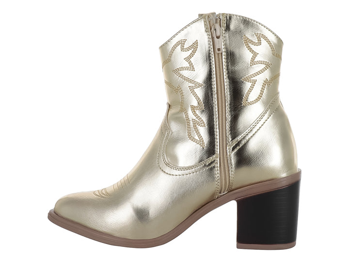 Bota vaquera para mujer en color dorado metálico con tacón grueso y detalles ornamentales.