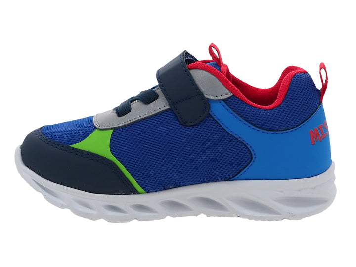 Tenis infantiles azules con diseño de Paw Patrol, cierre de velcro y suela blanca.