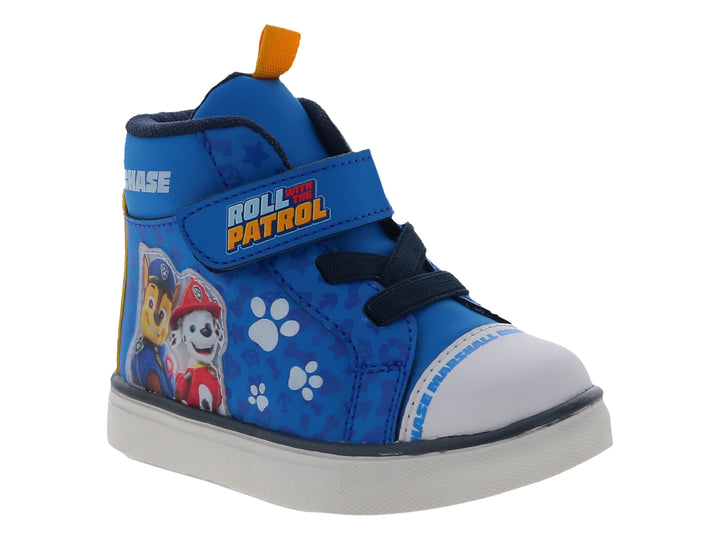 Tenis azul de bota para niño con personajes de Paw Patrol y suela blanca.