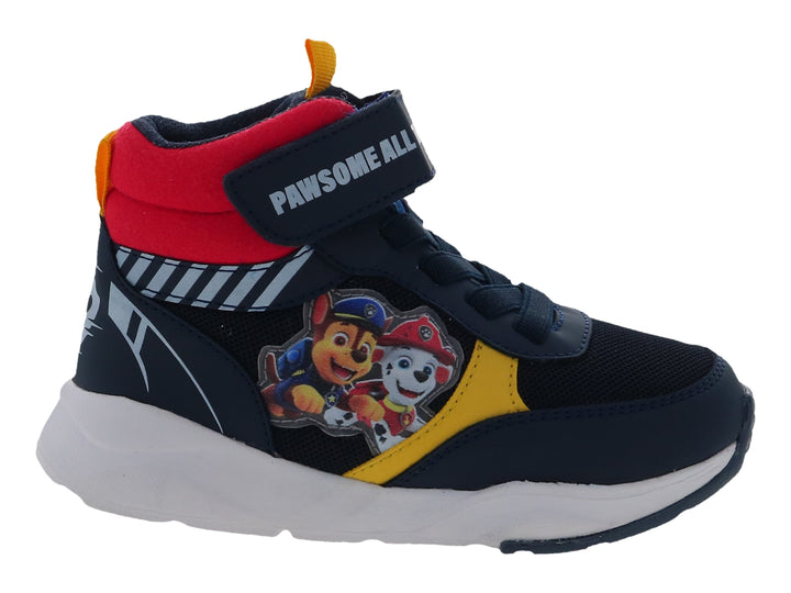 Tenis deportivos color marino para niño con diseño de Paw Patrol, detalles en rojo y amarillo, y suela blanca.
