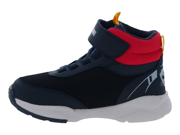 Tenis deportivos color marino para niño con diseño de Paw Patrol, detalles en rojo y amarillo, y suela blanca.