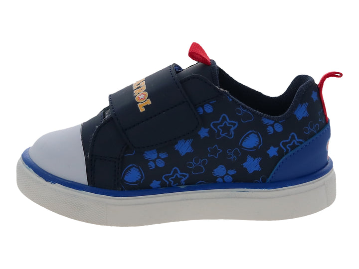 Tenis infantiles azul marino con personajes de Paw Patrol, suela blanca y cierre de velcro.