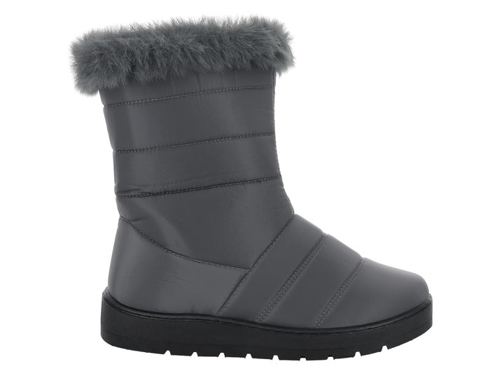 Botas color gris con borde de peluche y suela negra para niño o niña.