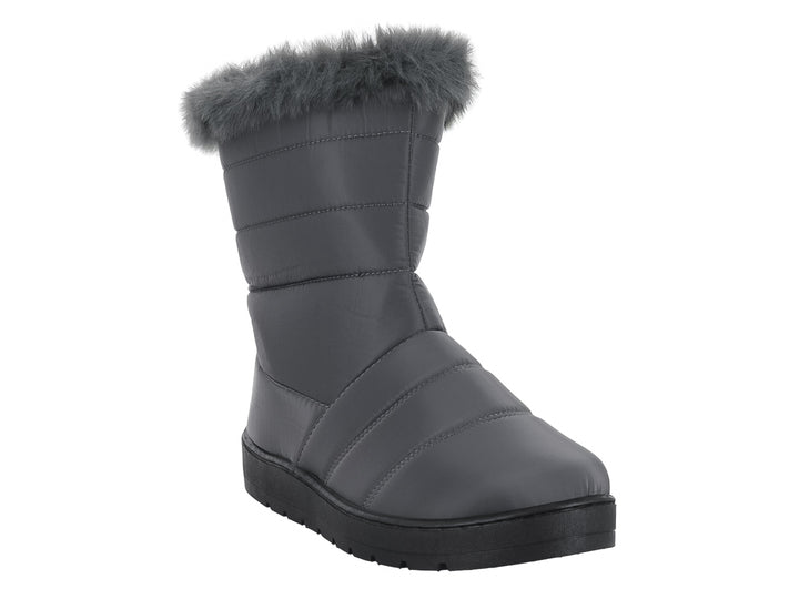 Botas color gris con borde de peluche y suela negra para niño o niña.