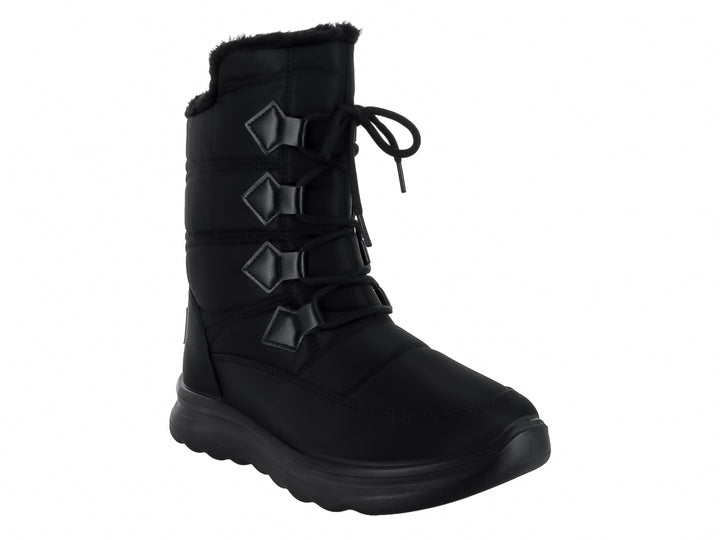 Bota de invierno color negro con forro de piel sintética y suela gruesa.