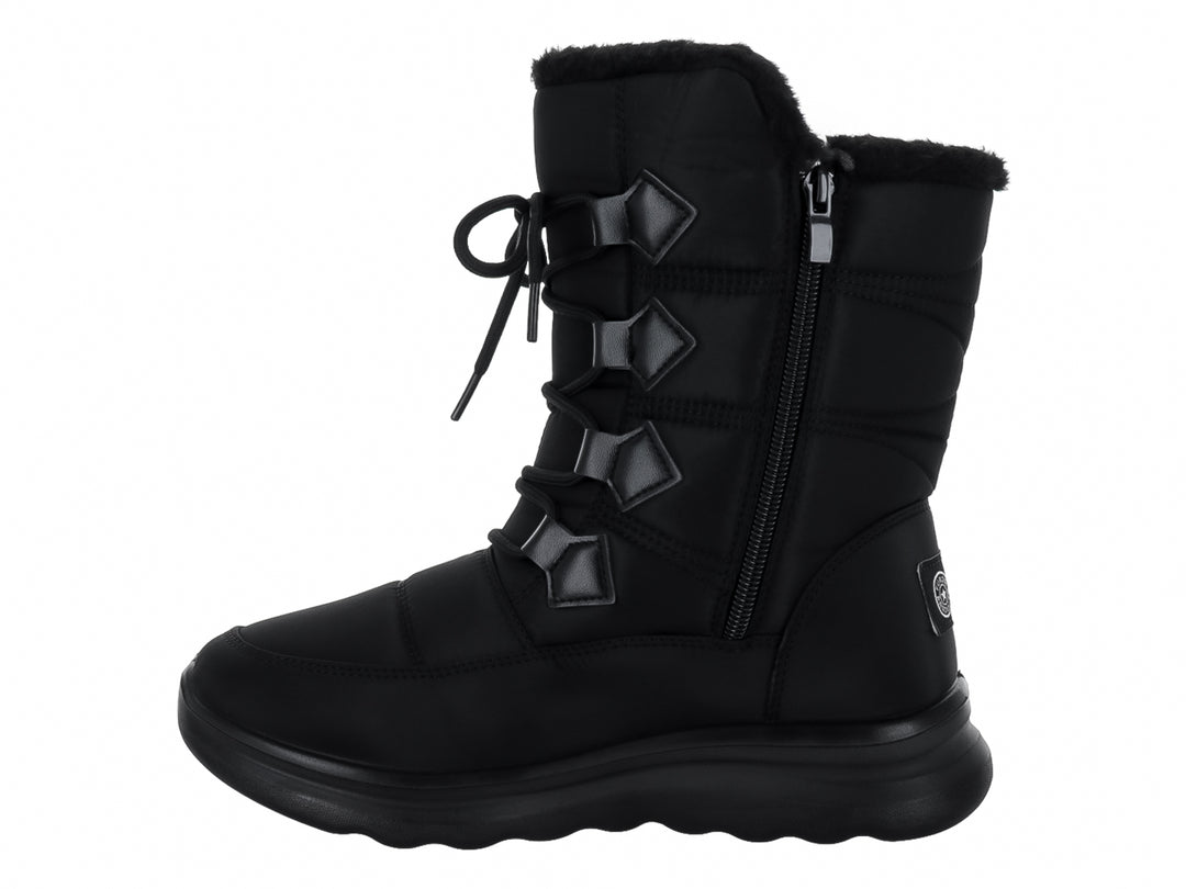 Bota de invierno color negro con forro de piel sintética y suela gruesa.