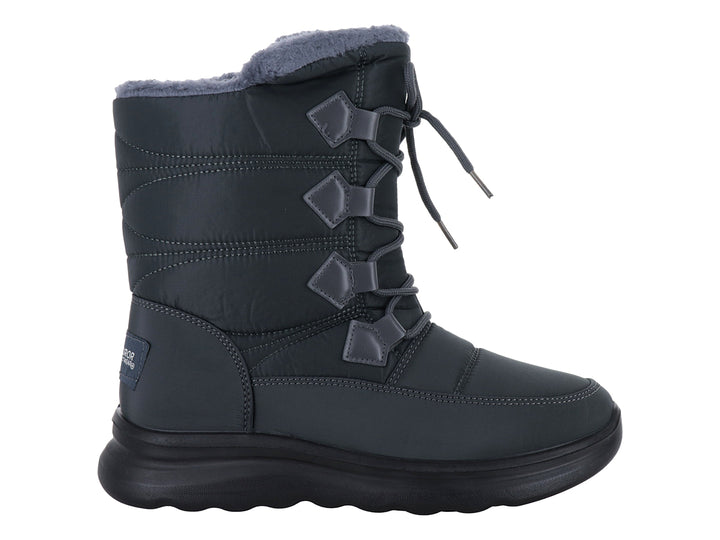 Bota de invierno color gris con forro interior suave y suela negra gruesa.