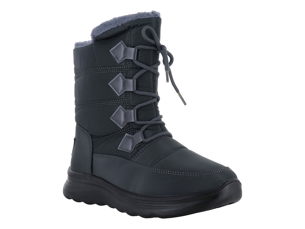 Bota de invierno color gris con forro interior suave y suela negra gruesa.
