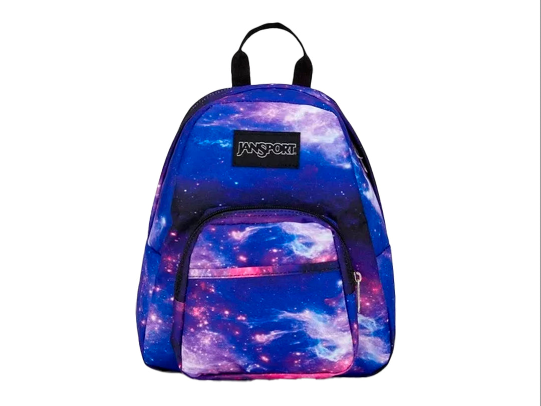 Mochila JanSport con estampado de galaxia en tonos azul, morado y rosa.