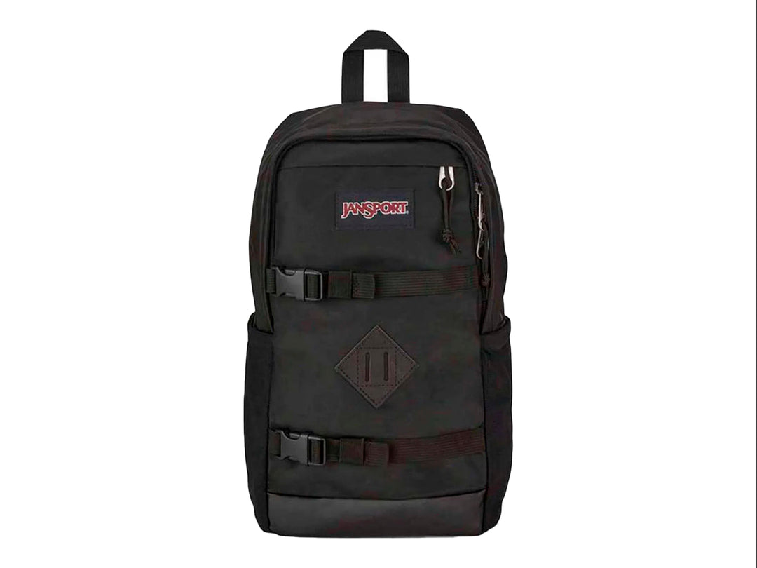 Mochila escolar JanSport de color negro con correas frontales y hebillas plásticas.