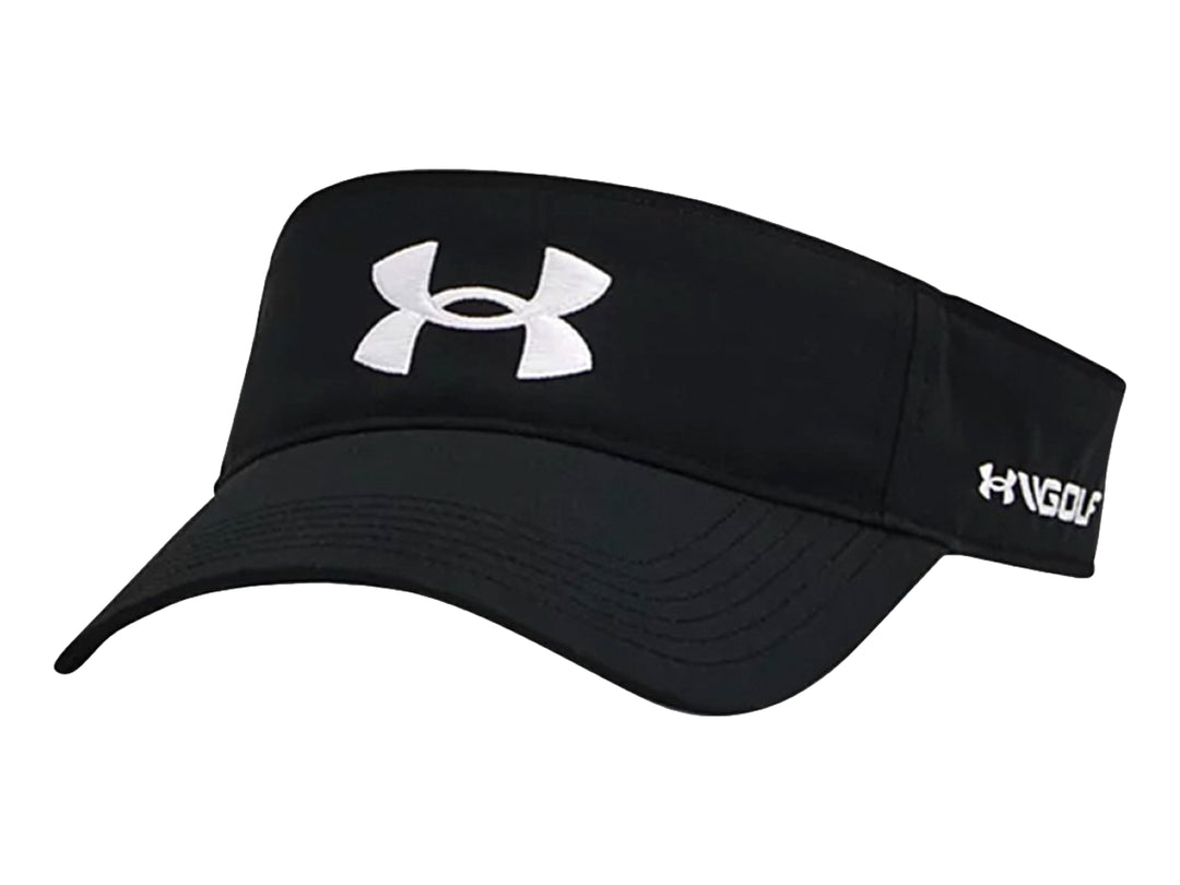 Visera deportiva de color negro con logotipo blanco de Under Armour en el frente y lateral.