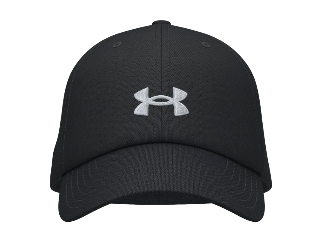 Gorra deportiva Under Armour de color negro con logotipo blanco frontal y visera curva.