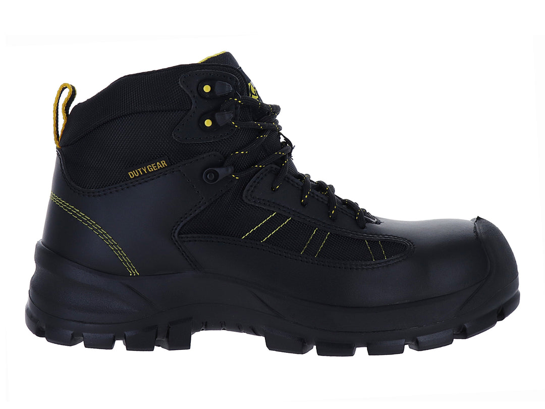 Bota de seguridad Duty Gear color negro con detalles en amarillo, diseño industrial y suela resistente.
