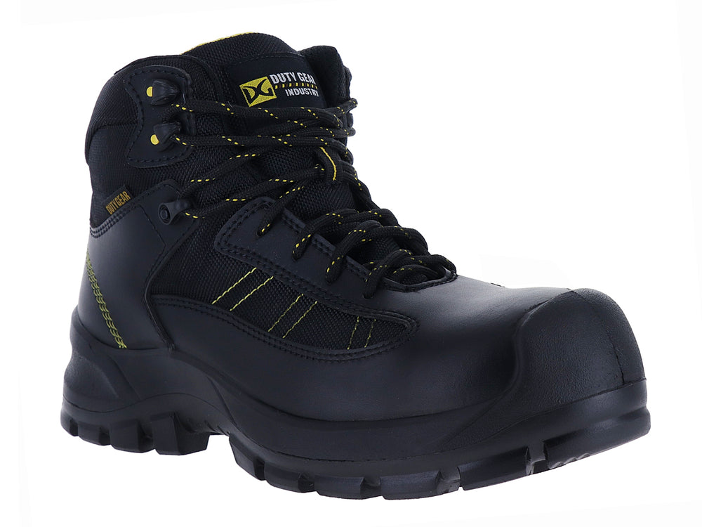 Bota de seguridad Duty Gear color negro con detalles en amarillo, diseño industrial y suela resistente.