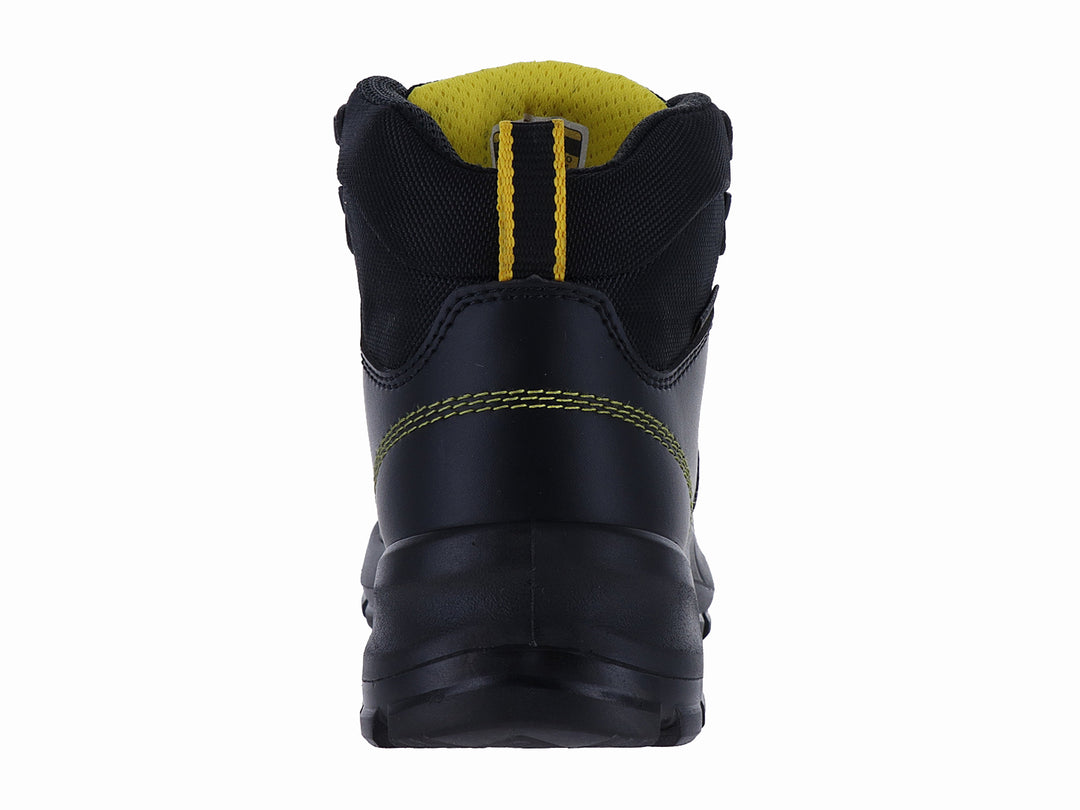 Bota de seguridad Duty Gear color negro con detalles en amarillo, diseño industrial y suela resistente.