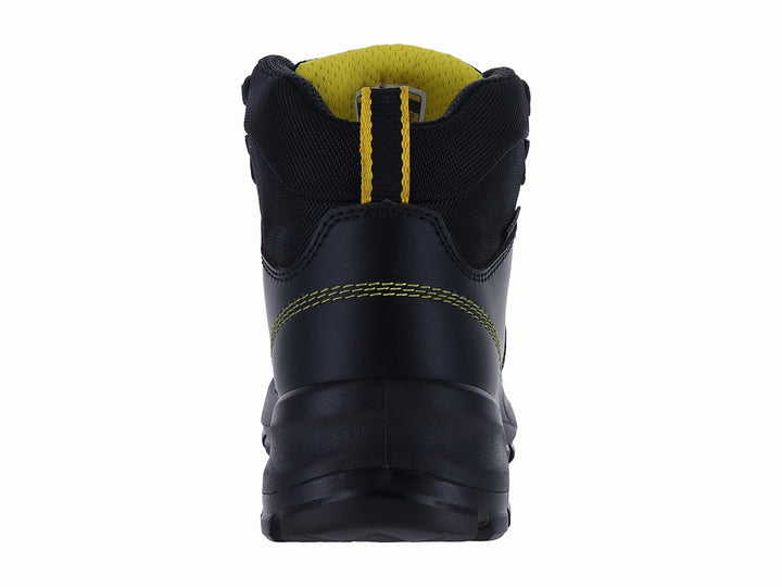 Bota de seguridad Duty Gear color negro con detalles en amarillo, diseño industrial y suela resistente.