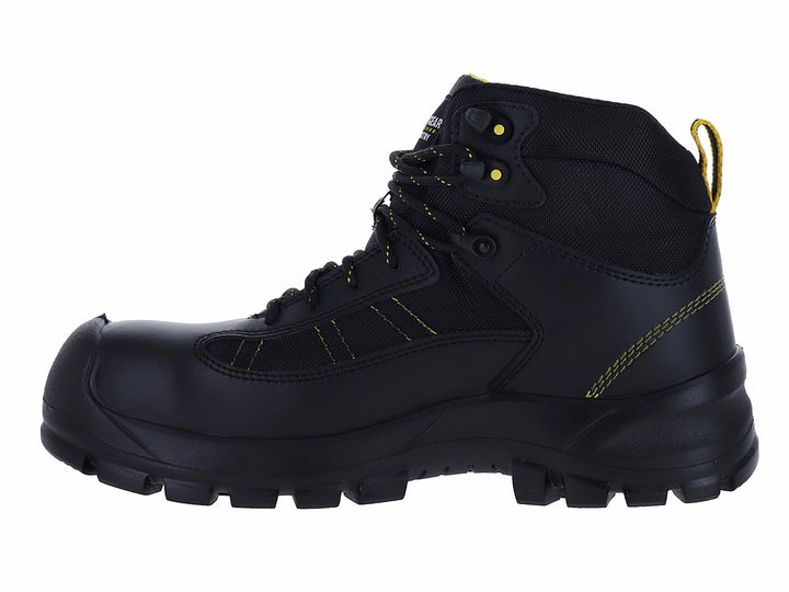Bota de seguridad Duty Gear color negro con detalles en amarillo, diseño industrial y suela resistente.