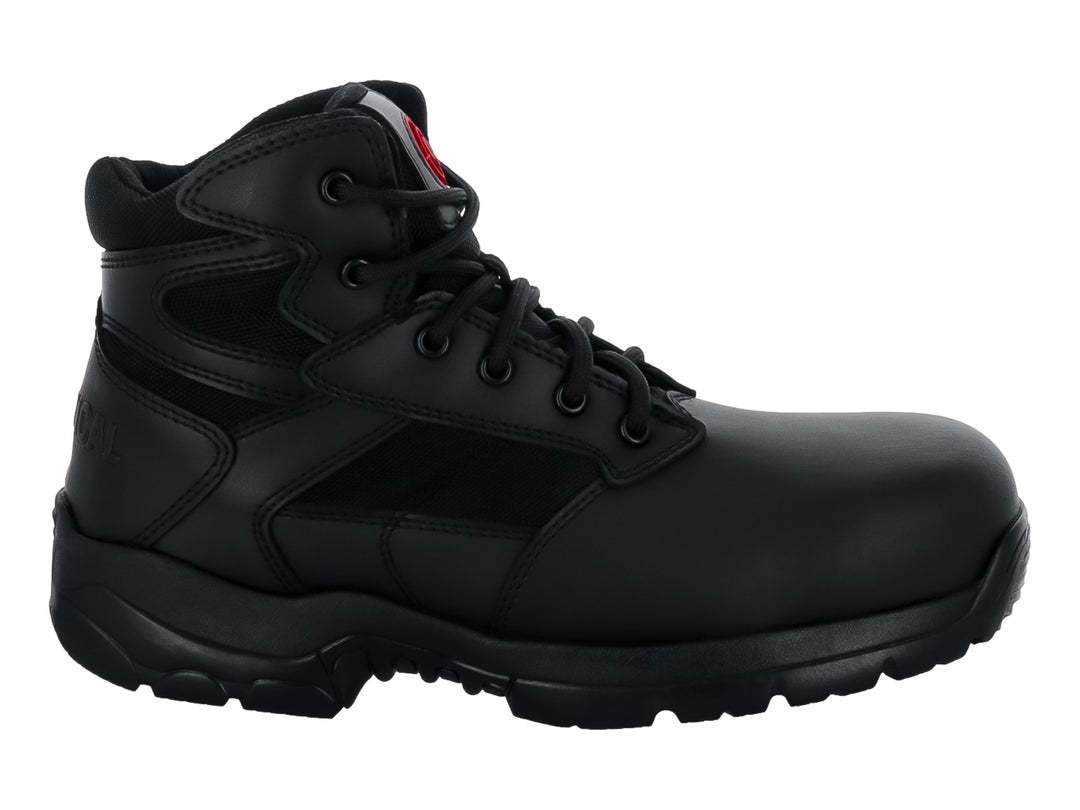Bota táctica color negro de cuello alto con suela robusta y cordones.