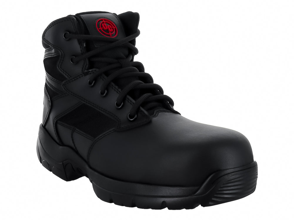 Bota táctica color negro de cuello alto con suela robusta y cordones.