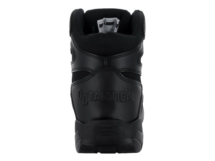 Bota táctica color negro de cuello alto con suela robusta y cordones.