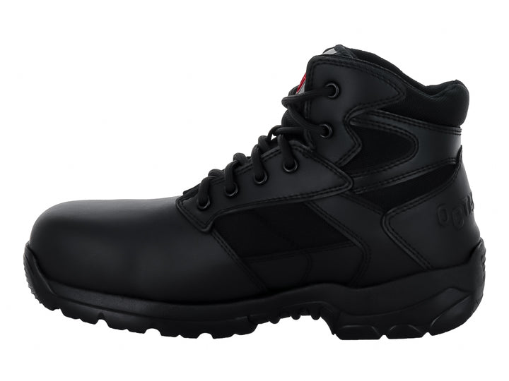 Bota táctica color negro de cuello alto con suela robusta y cordones.