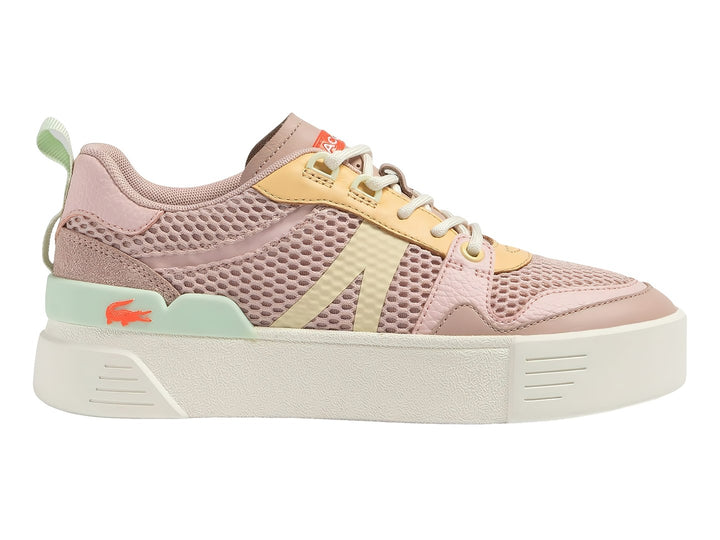 Tenis Lacoste para mujer en color rosa con detalles en amarillo y verde menta, suela blanca de plataforma.