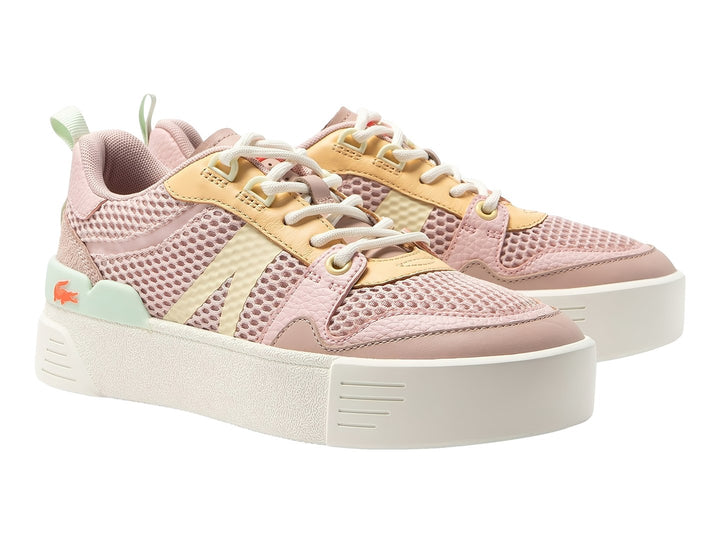 Tenis Lacoste para mujer en color rosa con detalles en amarillo y verde menta, suela blanca de plataforma.
