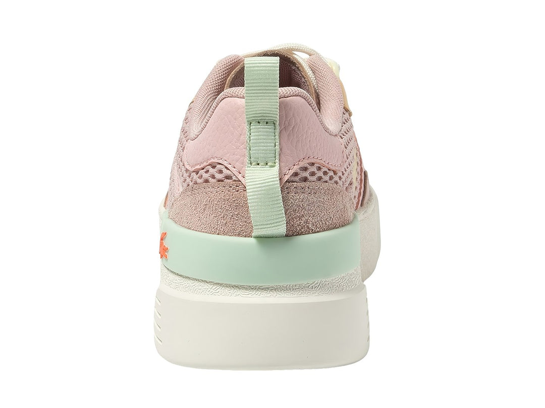 Tenis Lacoste para mujer en color rosa con detalles en amarillo y verde menta, suela blanca de plataforma.