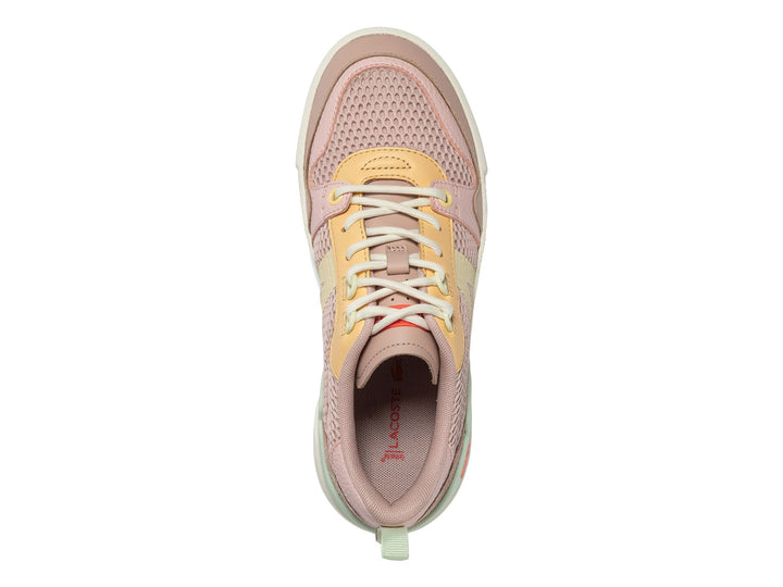 Tenis Lacoste para mujer en color rosa con detalles en amarillo y verde menta, suela blanca de plataforma.