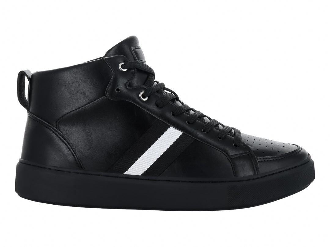 Tenis tipo bota color negro con una franja blanca lateral y suela negra.