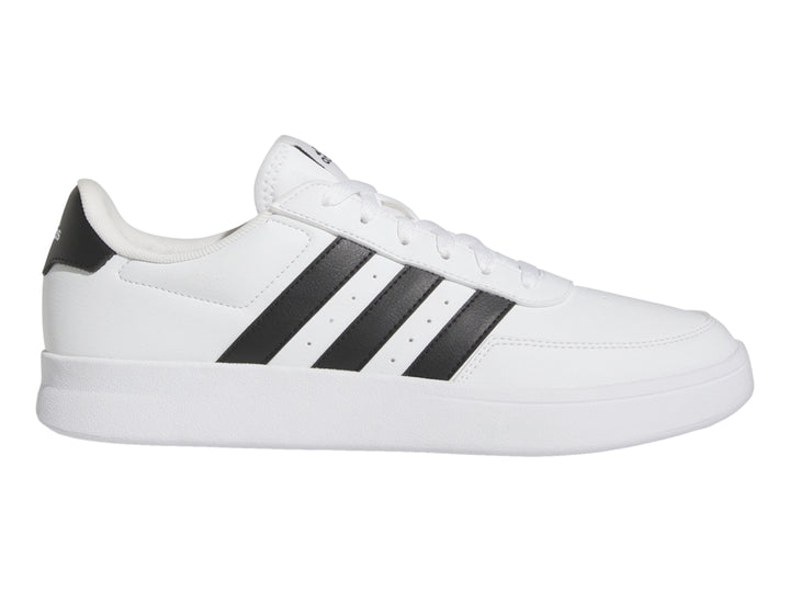 Tenis Adidas Breaknet 2.0 color blanco con tres franjas negras laterales y suela blanca.