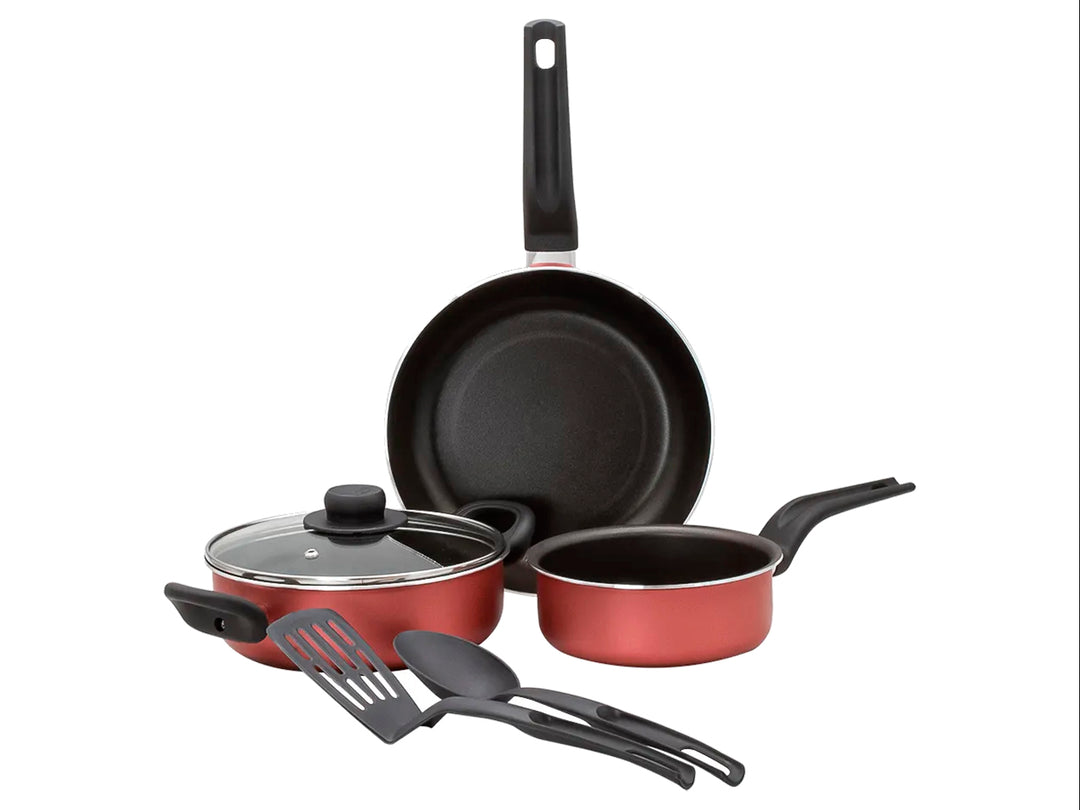 Batería de cocina EKCO Evolution de 6 piezas en color rojo con utensilios negros y tapa de vidrio.
