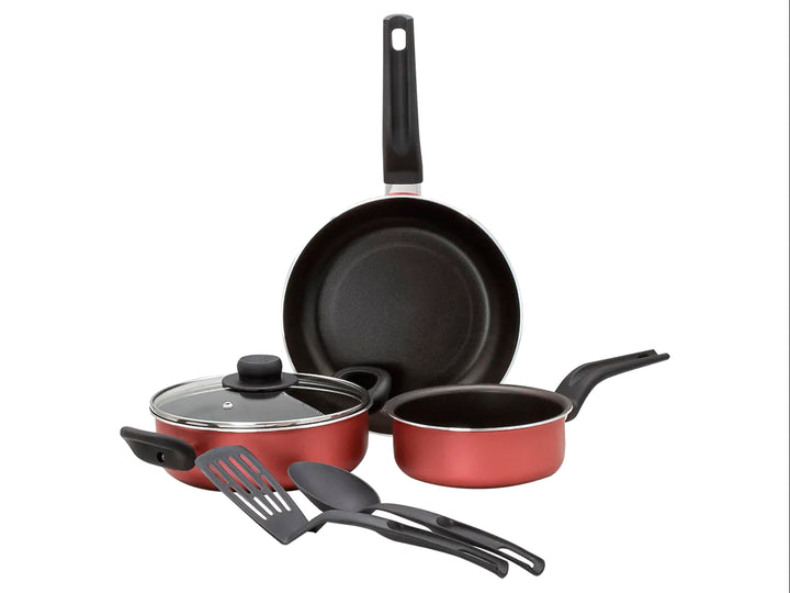 Batería de cocina EKCO Evolution de 6 piezas en color rojo con utensilios negros y tapa de vidrio.