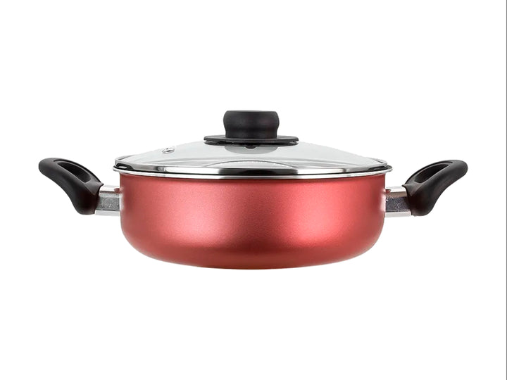 Batería de cocina EKCO Evolution de 6 piezas en color rojo con utensilios negros y tapa de vidrio.