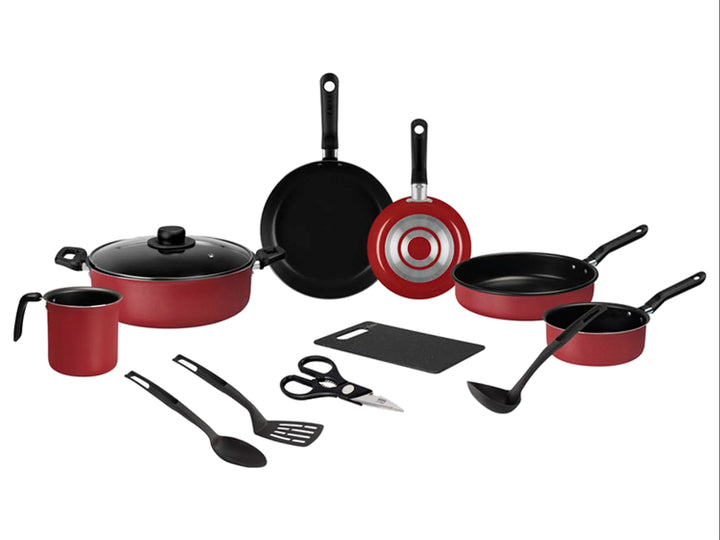 Set de batería de cocina EKCO de 12 piezas en color rojo con mangos negros, incluye ollas, sartenes y utensilios.