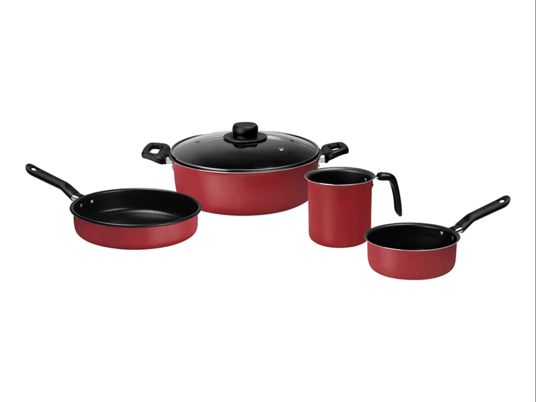 Set de batería de cocina EKCO de 12 piezas en color rojo con mangos negros, incluye ollas, sartenes y utensilios.
