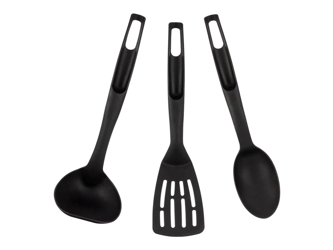 Set de batería de cocina EKCO de 12 piezas en color rojo con mangos negros, incluye ollas, sartenes y utensilios.