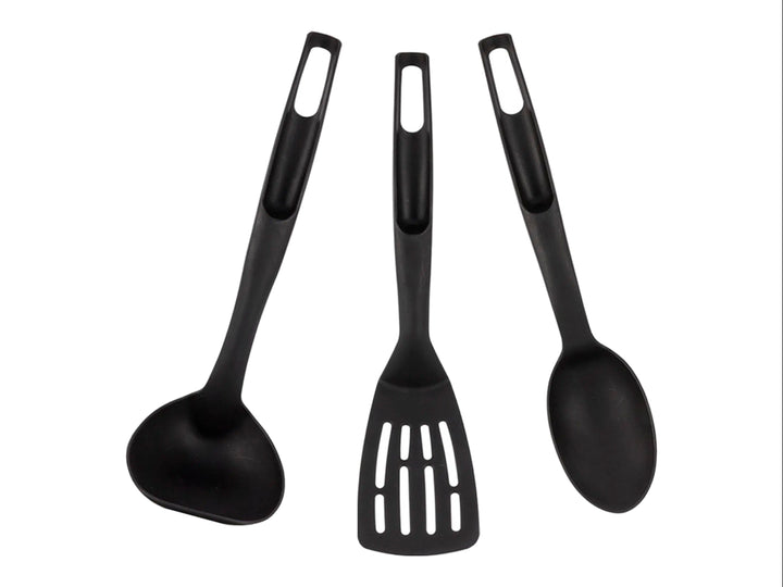 Set de batería de cocina EKCO de 12 piezas en color rojo con mangos negros, incluye ollas, sartenes y utensilios.