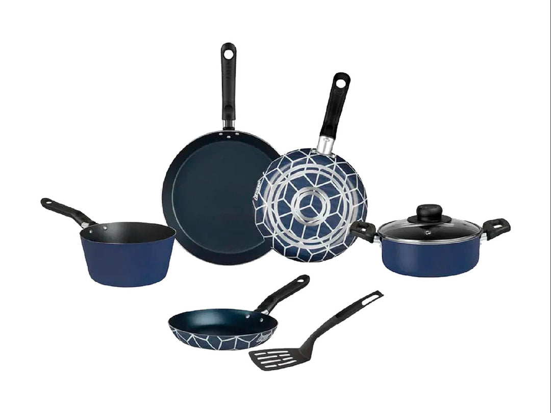 Batería de cocina EKCO de 12 piezas en color azul con mangos negros, incluye sartenes y ollas.