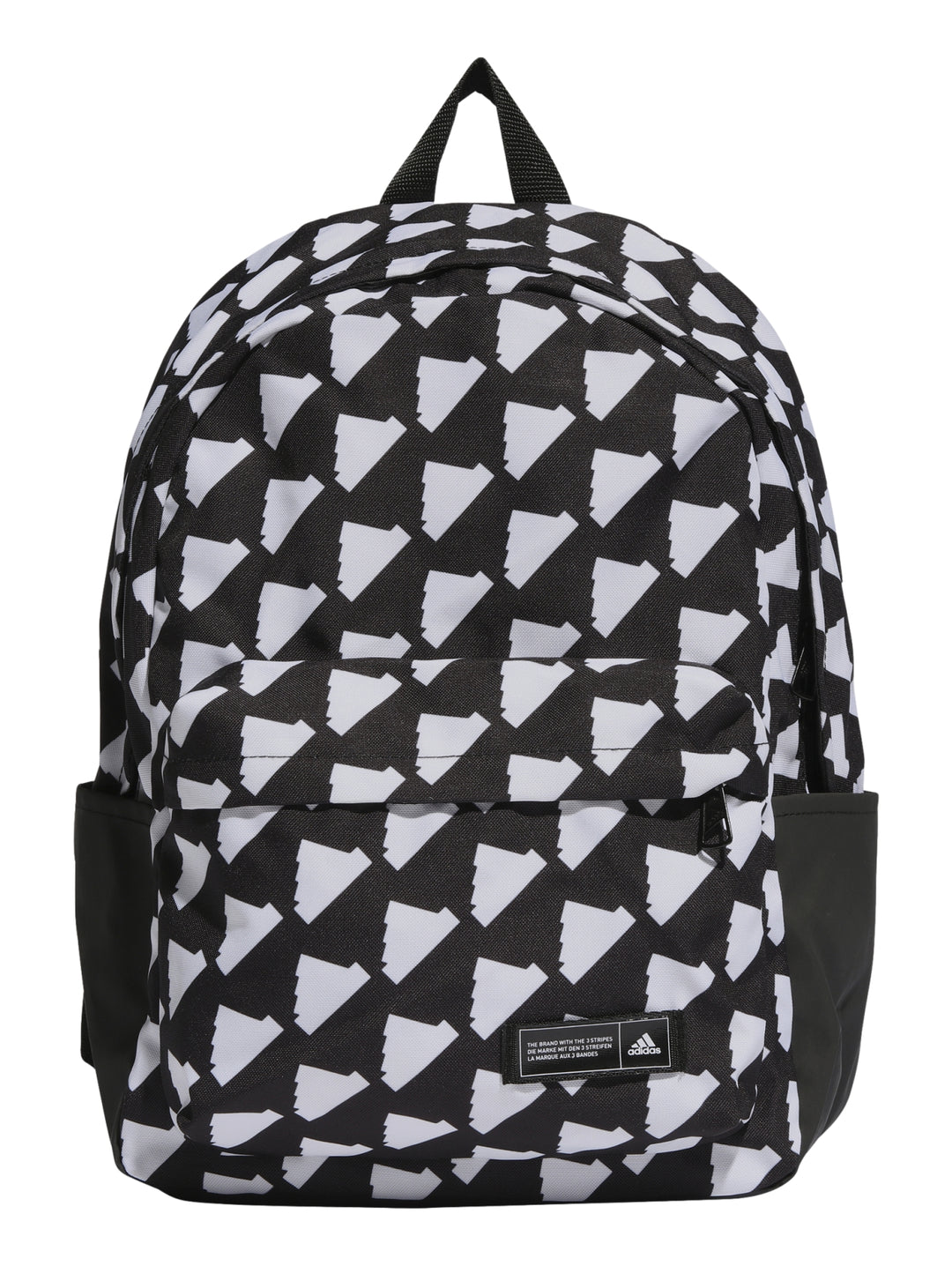 Mochila Adidas con estampado geométrico en colores blanco y negro.