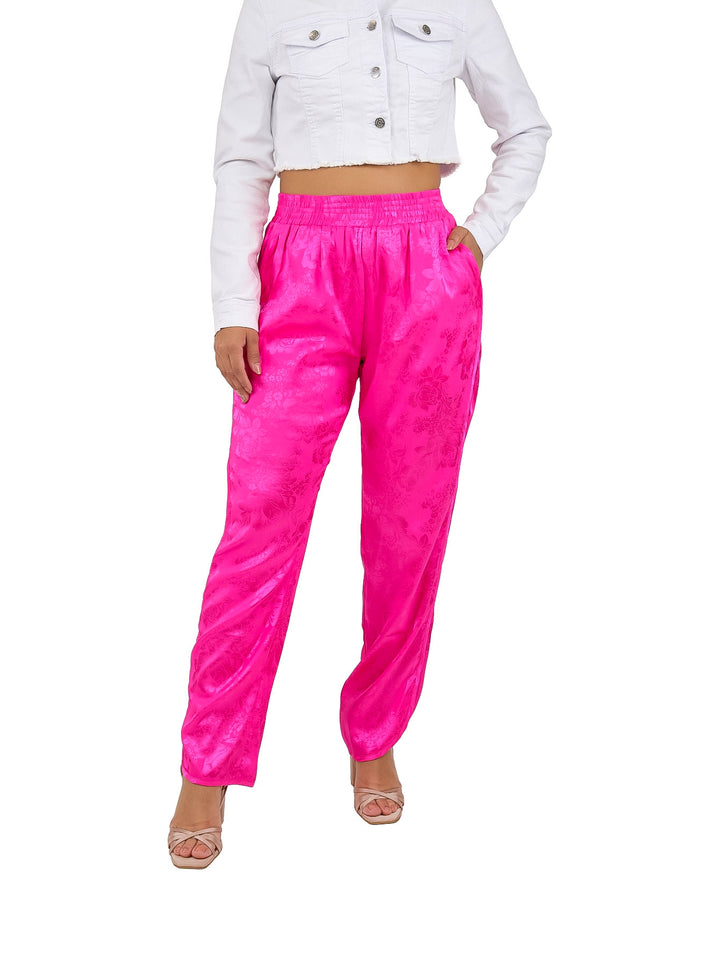 Pantalón de satín color fucsia brillante con cintura elástica para Mujer.