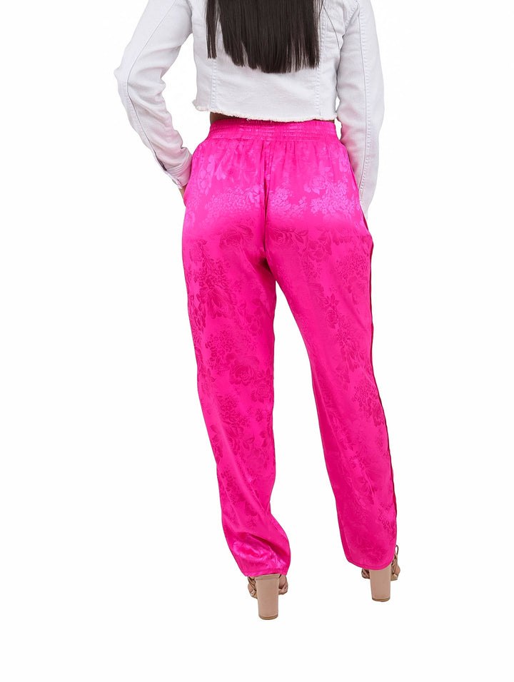 Pantalón de satín color fucsia brillante con cintura elástica para Mujer.