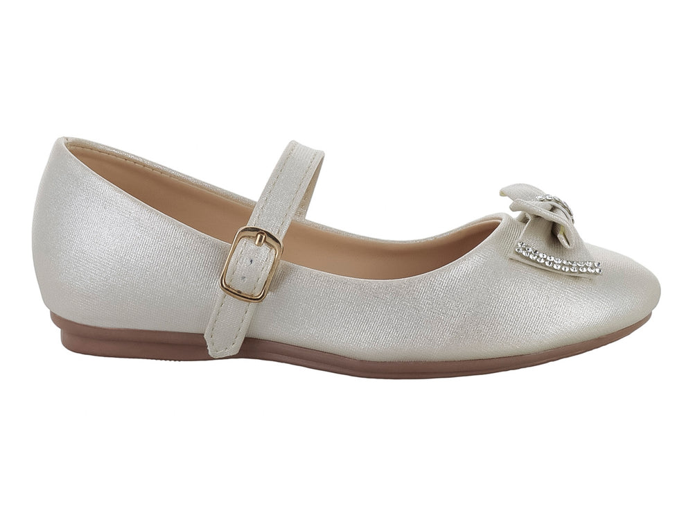 Zapato plano color dorado para Niña con moño decorativo con brillantes y correa ajustable.