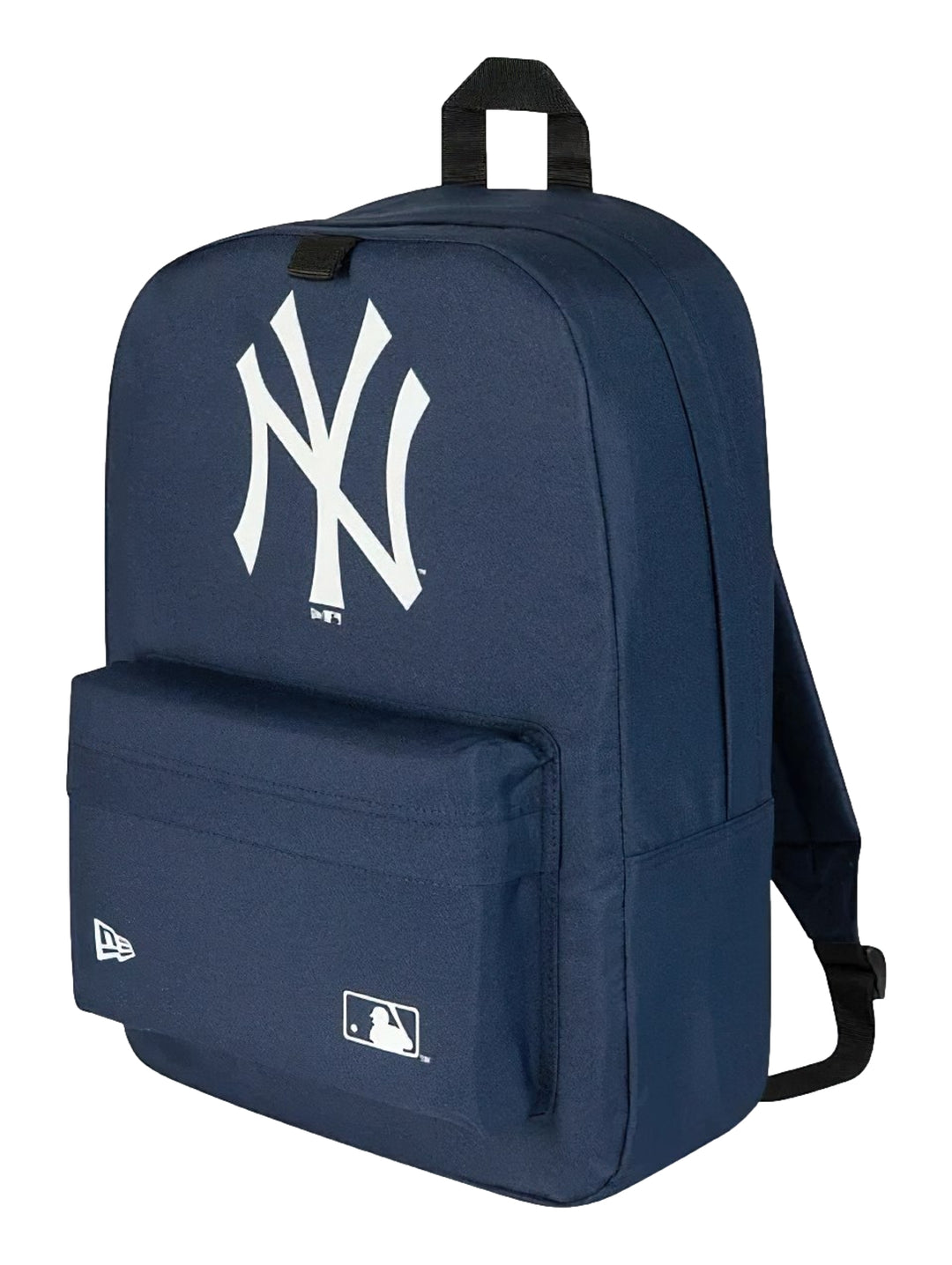 Mochila New Era color azul marino con logo de los New York Yankees en blanco y bolsillo frontal.