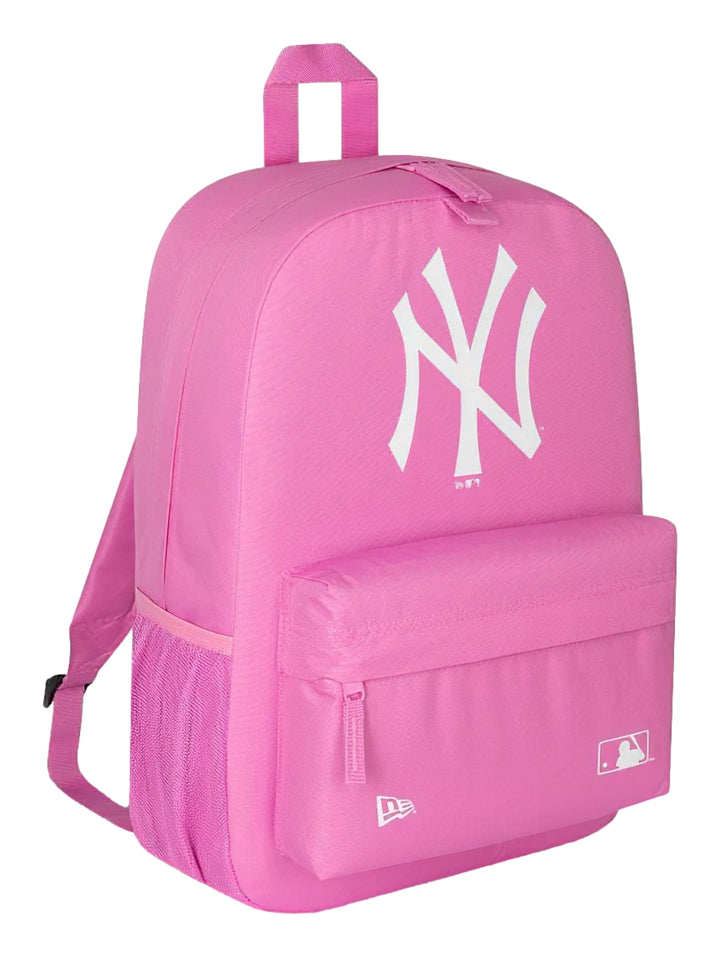 Mochila deportiva New Era color rosa brillante con logotipo de los New York Yankees y MLB.