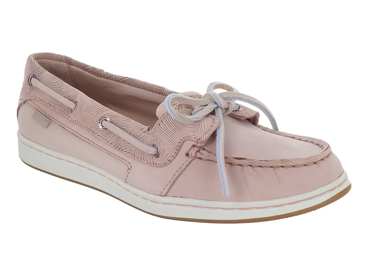 Zapato náutico Sperry color rosa con textura grabada y suela blanca.