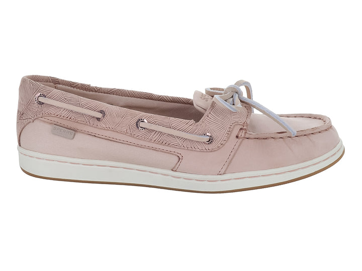 Zapato náutico Sperry color rosa con textura grabada y suela blanca.
