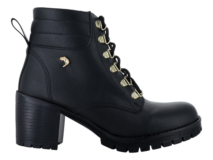 Bota negra para Mujer con tacón grueso, suela track y detalles dorados en los ojillos.