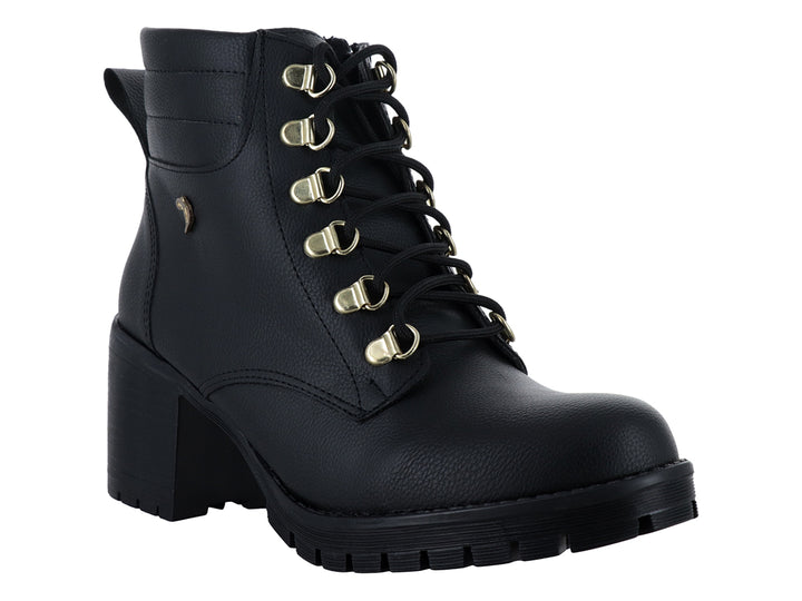 Bota negra para Mujer con tacón grueso, suela track y detalles dorados en los ojillos.